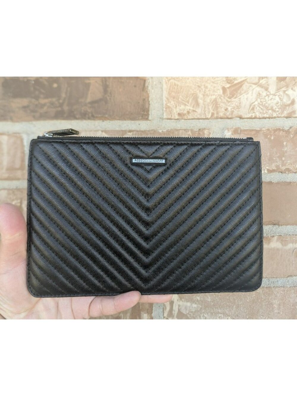 Rebecca Minkoff Chevron Pattern Leather Clutch Wristlet Pouch Black
